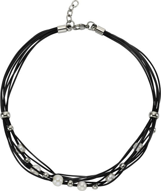 Zeeme Halskette Edelstahl, Leder schwarz, Stahlkugeln, weiße Perlen, Unisex - Bild 1