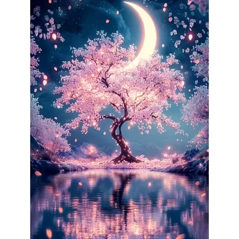 HUACAN 5D DIY Diamant Mosaik Set Baum Landschaft Mond Dekoration, Rund, Multicolour, Durchmesser: 30 cm - Bild 4