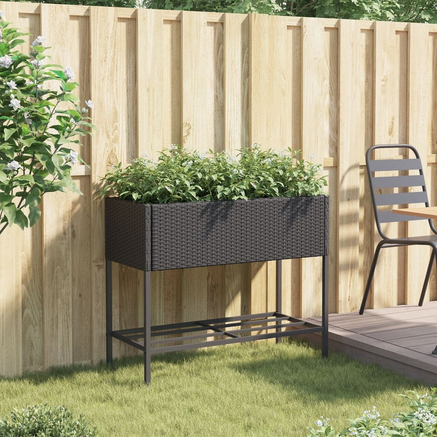 vidaXL Pflanzkübel mit Ablage aus PE-Rattan und pulverbeschichtetem Stahl in Schwarz, B/T/H: 90 x 40 x 75 cm - Bild 5