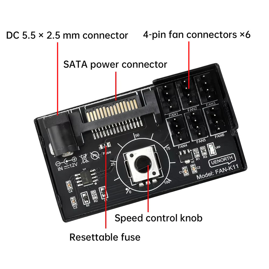 diymore 4-Pin 12V PWM Lüftersteuerung und PC-Lüfteradapter-Hub mit SATA-Stromversorgung, 60W 5A Controller, Schwarz - Bild 3