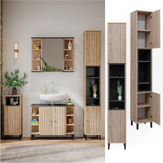 Vicco Hochschrank Aquis Badezimmer in Anthrazit und Schwarz mit Türen und offenen Fächern, B: 30 cm, H: 190 cm - Bild 1