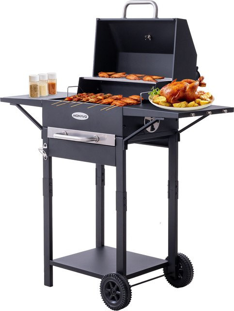HOMAVO Holzkohlegrill in Schwarz mit emailliertem Grillrost, Warmhalterost, Thermometer, Kamin, Seitentisch und Rollen, B/T/H: 106,5 x 43,7 x 106 cm - Bild 1