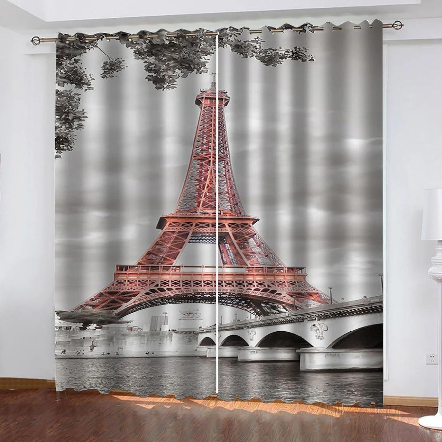 Yiran Furniture Duo-Set Dünne Fenstervorhänge mit Paris Ölgemälde Eiffelturm Design, Mehrfarbig, Breite: 50 cm, Höhe: 60 cm - Bild 2