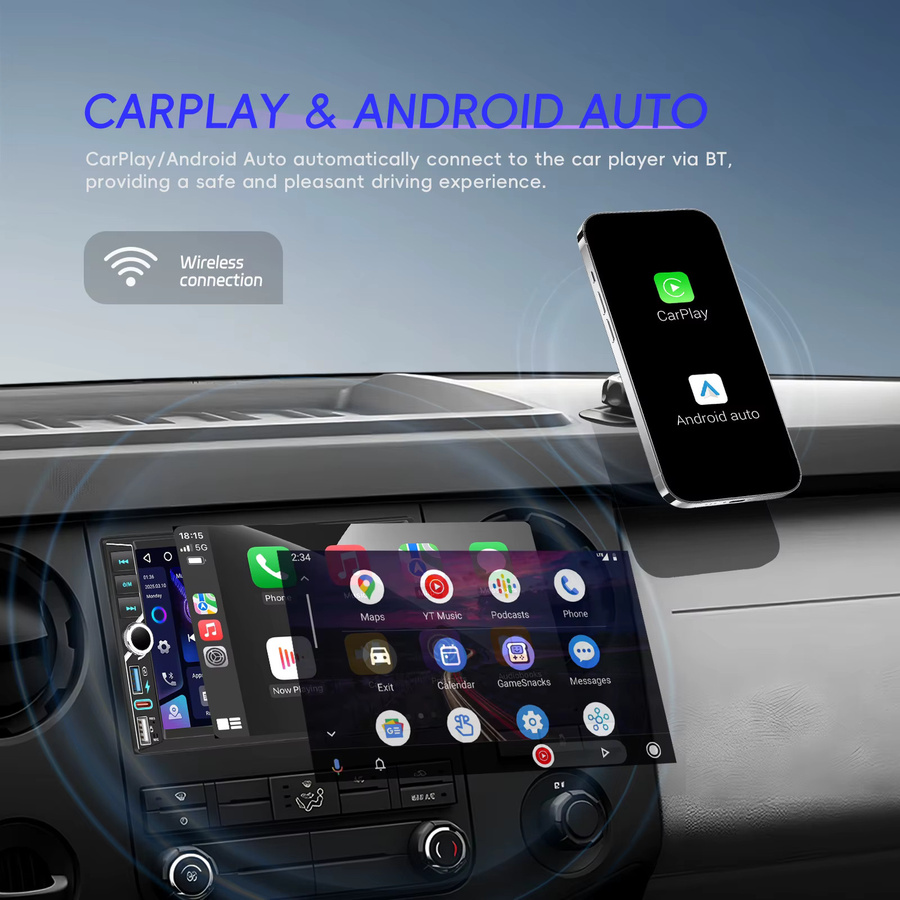 Podofo 7 Zoll Carplay Autoradio mit Android Auto, 4+64GB, WIFI, GPS Navigation und DSP DVR, Schwarz - Bild 2