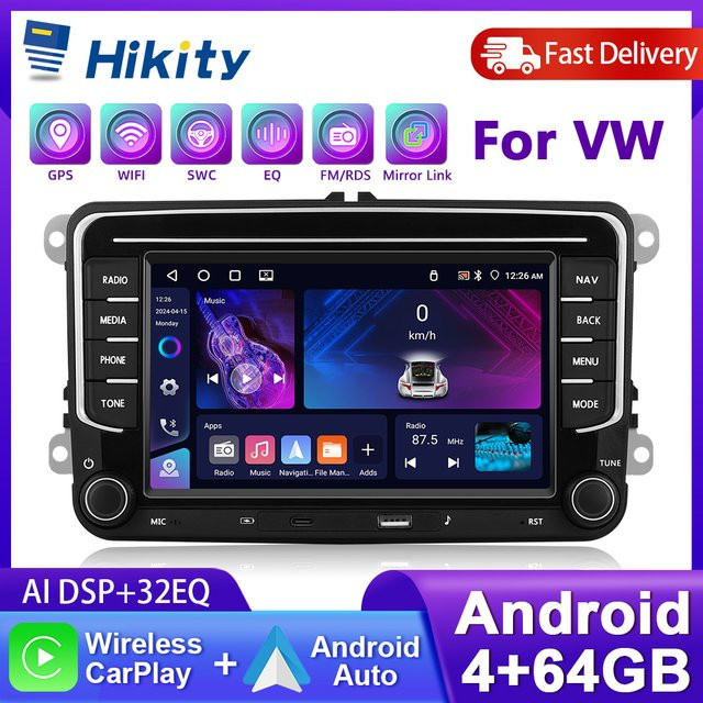 Hikity 2Din Auto Radio Multimedia Player mit 4GB RAM und 64GB Speicher in Schwarz für VW Passat Sharan Caddy Polo mit CarPlay, Android Auto, Bluetooth, DSP und Mirror Link - Bild 1
