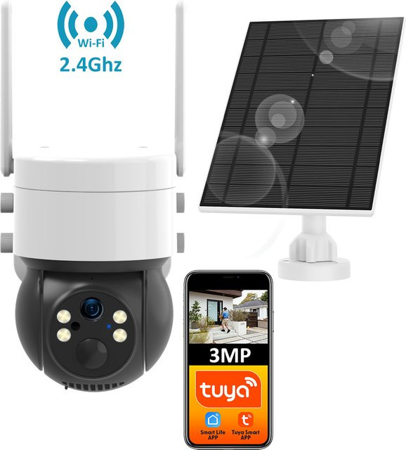 Tuya Smart Solar WiFi Überwachungskamera mit 3MP Auflösung, PTZ Outdoor Sicherheitstext mit Motion Tracking, PIR Sensor und Nachtsicht in Weiß - Bild 1