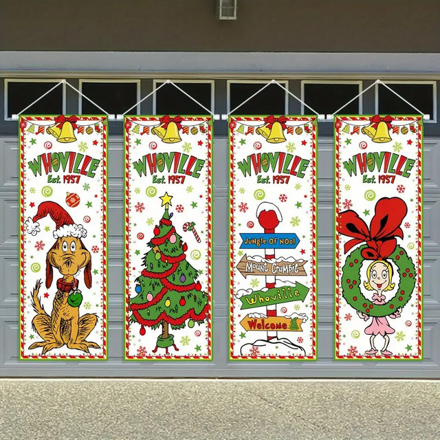 VIKAMA 4-teiliges Weihnachtsbanner zum Aufhängen Willkommen bei Whoville in Mehrfarbig für Innen- und Außenbereich - Bild 1