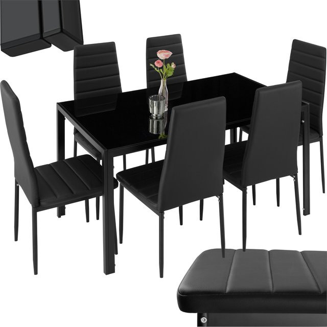 tectake Esszimmergruppe Brandenburg 7-teilig mit Esstisch und 6 Stühlen in Schwarz mit Glasplatte und Kunstlederbezug, B/T/H: 150 x 90 x 98 cm - Bild 1