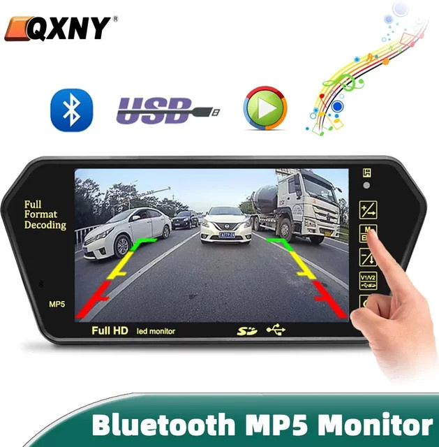 QXNY 7-Zoll LCD Full HD Spiegel-Parkmonitor mit Bluetooth, USB und FM Radio für dein Auto zur Anzeige der Rückfahrkamera in Schwarz - Bild 1