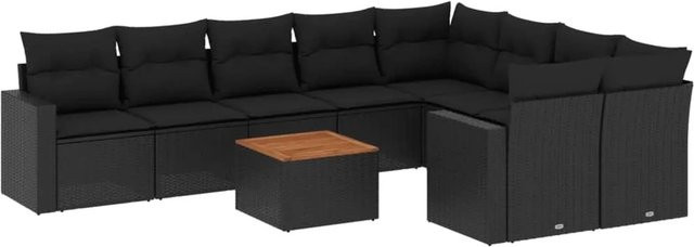 vidaXL 10-tlg Garten-Sofagarnitur in L-Form aus Polyrattan und Akazienholz mit Kissen in Schwarz - Bild 1