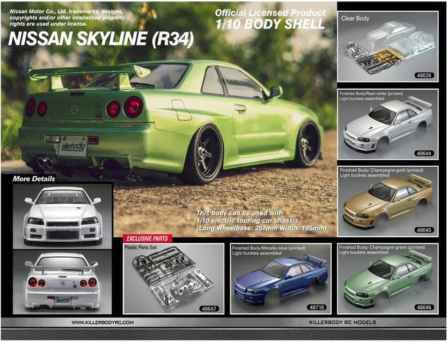 Killerbody Nissan Skyline R34 PC-Autoschale, Fertigprodukt, 1/10 RC Remote Drift Car - Bild 1