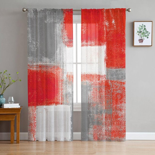 Transparente Tüll Vorhänge mit abstraktem geometrischem Ölgemälde-Design in Rot, Grau und Weiß, Breite: 135 cm, Höhe: 115 cm - Bild 1