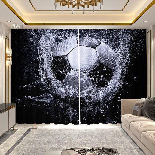 2-teiliges Yiran Furniture Vorhang-Set mit Fußball-Print, halbtransparent, schwarz, Breite: 135 cm, Höhe: 185 cm - Bild 1