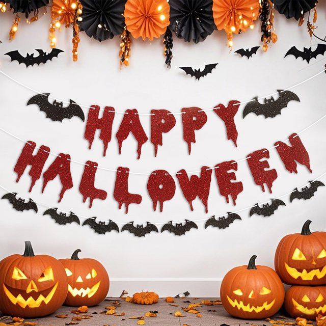 PATIMATE Halloween Dekoration Banner mit Geistern und Fledermäusen als Hängegirlande aus Papier - Bild 1