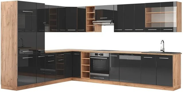 Vicco Fame-Line Eckküche in Anthrazit Hochglanz und Goldkraft Eiche, B/T/H: 347 x 257 x 82 cm - Bild 1