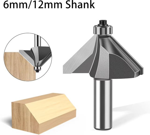 JGZUI Kantenfräser mit 45-Grad-Abschrägung für die Holzbearbeitung, silberfarbener Schaftfräser zum Trimmen von Holzkanten mit 6mm und 12mm Schaft - Bild 1