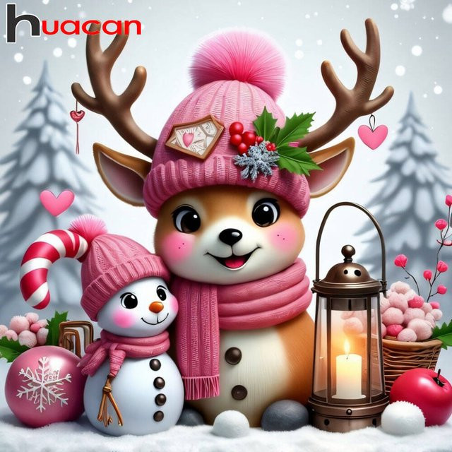 HUACAN 5D Diamantgemälde zum Selbermachen Weihnachten mit Hirsch und Schneemann als Mosaik mit runden Bohtern in Multicolour - Bild 1