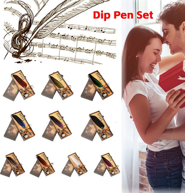 Retro-Kalligrafie Feder-Dip-Pen Set mit Schreibtinte in Flasche und Metall-Elementen in Lila - Bild 1