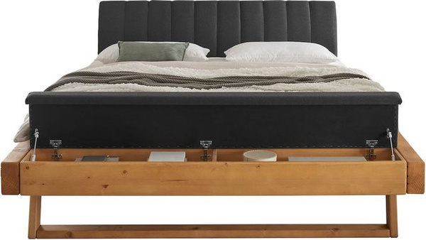 Vaja Möbel Doppelbett Sarja aus Massivholz Fichte in Anthrazit und Grau mit gepolstertem Rahmen und Seitenfächern B/T/H: 180 x 200 cm