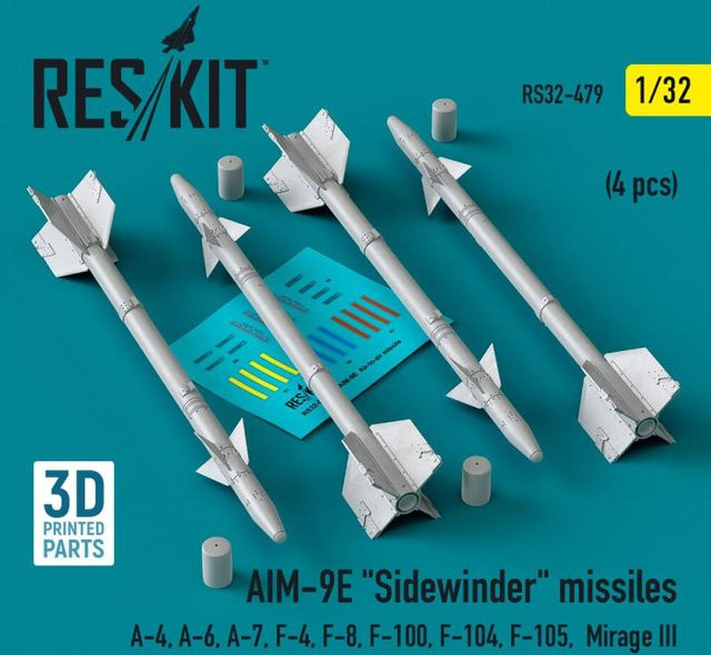 ResKit Models AIM-9E Sidewinder missiles, 4-teiliges Set, 1:32, 3D Printed - Bild 1