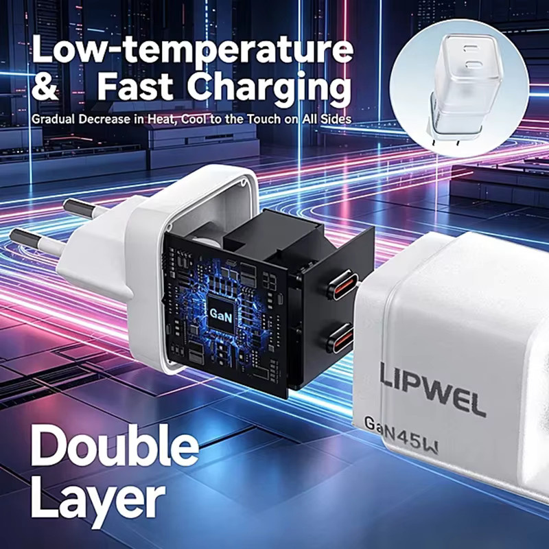 LIPWEL GaN 45W Dual USB-C Schnellladegerät mit EU-Stecker in Weiß - Bild 5