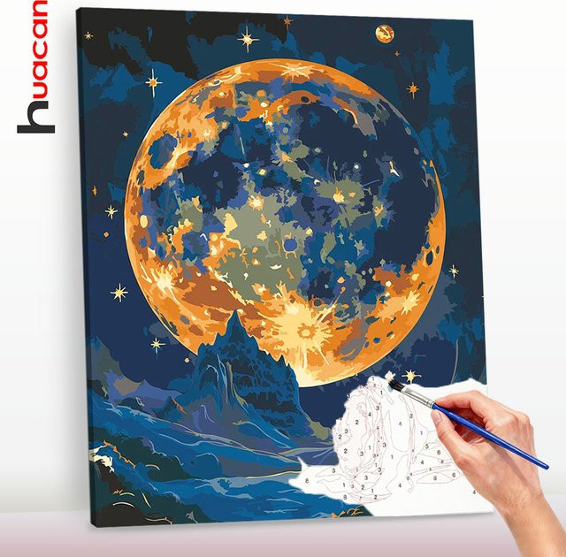 Huacan Malen nach Zahlen Set Mond und Berg Landschaftsbild als DIY Kunsthandwerk auf Leinwand in Multicolour - Bild 1