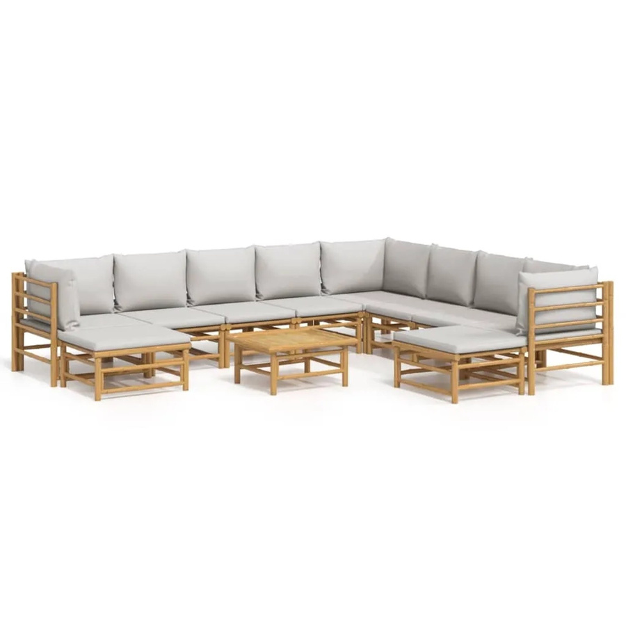 vidaXL 11-tlg. Garten-Lounge-Set aus Bambus mit grauen Polstern in L-Form - Bild 2