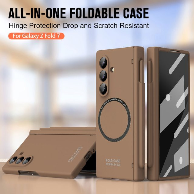 CHAOYIDIAN Magnetische Scharnier-Hülle für Samsung Galaxy Z Fold 7 6 5 mit Displayschutzfolie, S Pen Slot und kabellosem Laden, Matt PC-Hülle in Weiß oder Braun - Bild 1