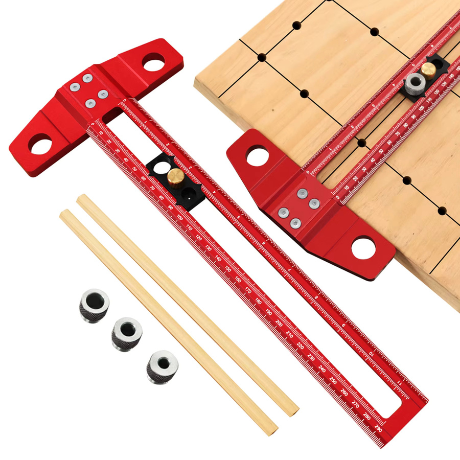 FNICEL 2-in-1 Bohr- und Markierungsvorrichtung aus Aluminiumlegierung, rotes T-Quadrat für Holzbearbeitung mit 300 mm Länge, inklusive Bohrer in 6 mm, 8 mm und 10 mm sowie 2 Bleistiften und Anleitung - Bild 2