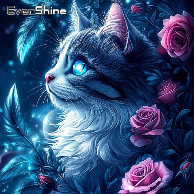EverShine Diamant-Gemälde Katzenmotiv mit floralen Elementen als Mosaik-Stickerei für Kinder, B/H: 20 x 20 cm - Bild 1