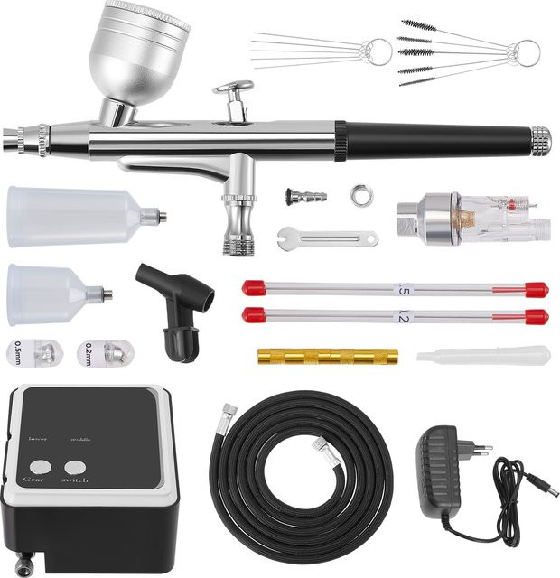 Rbefeuly Airbrush-Set mit Luftkompressor und Dual-Action-Luftbürste inklusive 0,2 mm, 0,3 mm und 0,5 mm Düsenhalter bei 36 PSI Hochdruck - Bild 1