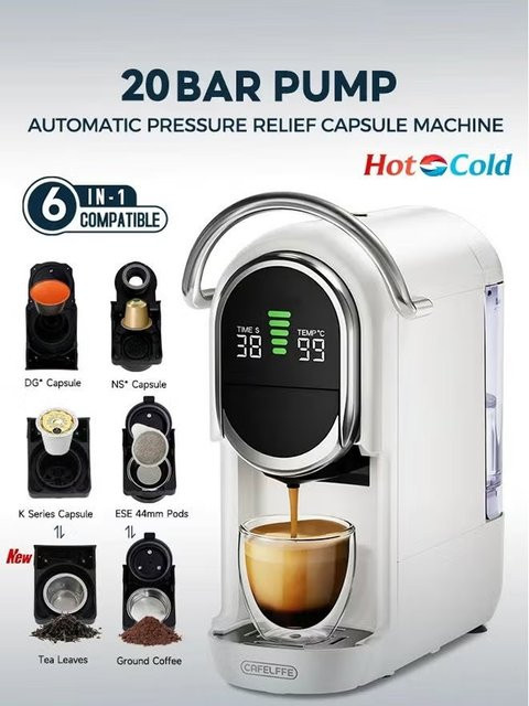CAFELFFE MK-609S Upgrade 6-in-1 Kapsel-Kaffeemaschine in Schwarz mit automatischer Druckentlastung, Temperaturanpassung und 7-stufiger Kaffeevolumenregelung für Kapseln, ESE 44mm Pads und Teeblätter - Bild 1