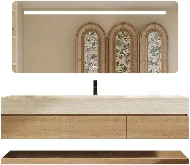 360Home Waschbecken Set Wandhängend in Travertin Optik Beige mit Unterschrank und LED-Spiegelschrank B/T/H: 120 x 55 x 55 cm - Bild 1