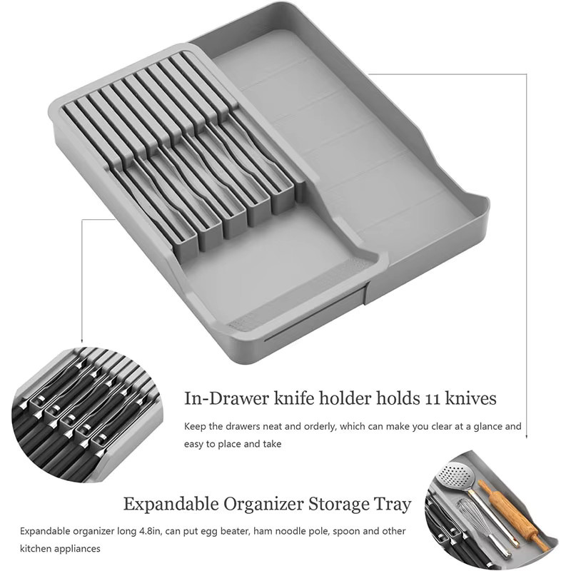 PGY Messerblock Halter und erweiterbarer Organizer für Schubladen, Grau, Breite: 34,5 cm, Höhe: 5,5 cm - Bild 3