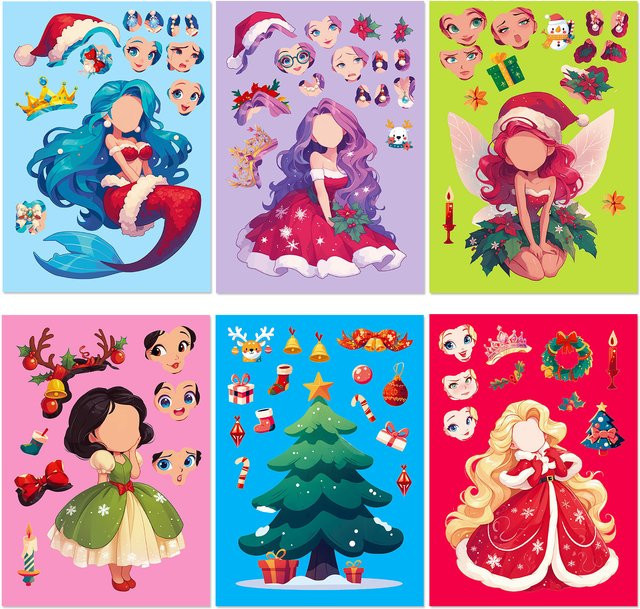 Bview Art Weihnachts-Prinzessin-Aufkleber, 6er-Pack, Puzzle-Doodle-DIY-Dekor - Bild 1