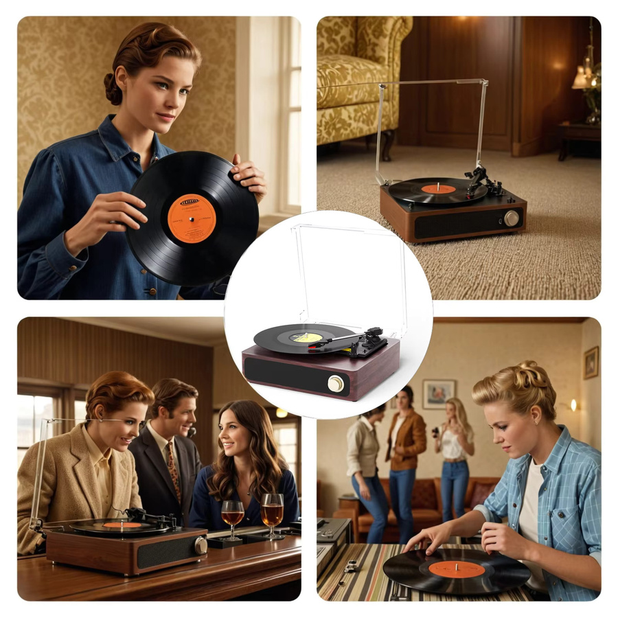 Maio A4 Vintage-Grammophon mit Riemenantrieb und eingebautem Lautsprecher, High-Fidelity-Stereo-Plattenspieler in Rot und Braun - Bild 3