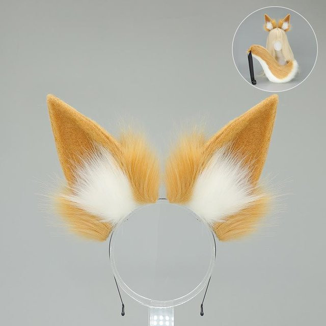 YIRAN Fuchs Tierohren Stirnband und Schwanz, Plüsch, beige, Mädchen Accessoires - Bild 1