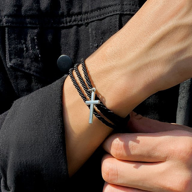 SHIXIN Armband, schwarze Baumwollfaden-Kette, Kreuz-Anhänger, Herren - Bild 1