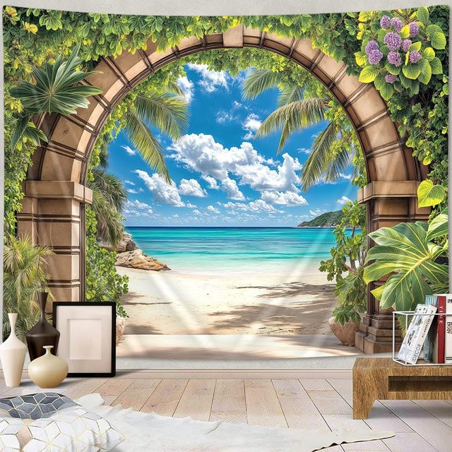Tropischer Strand-Wandbehang von JMG Household Supplies mit Meeresküste, Wellen und Palmen-Landschaft, Mehrfarbig, Breite: 150 cm, Höhe: 130 cm - Bild 1