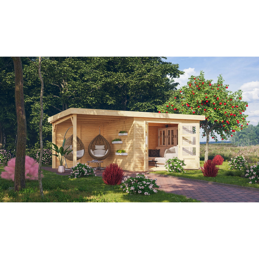 Karibu Gartenhaus Sölve 6 Naturbelassen mit Anbaudach und Rückwand in Braun, B: 302 cm, T: 306 cm, H: 216 cm - Bild 2