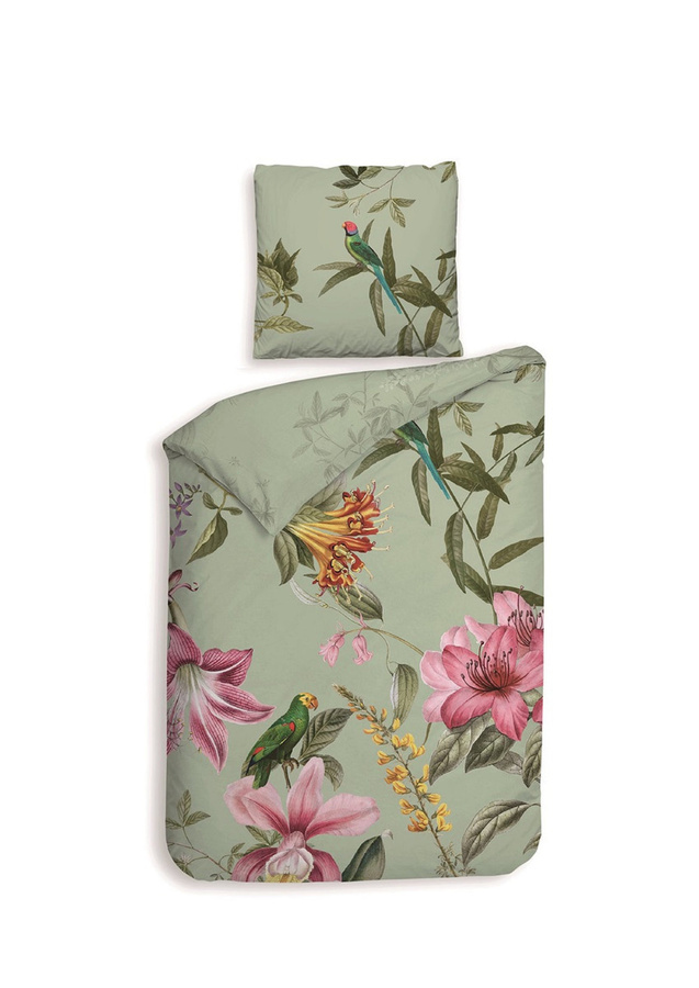 Heckettlane Mako-Satin Bettwäsche Maribel Reseda Green mit Blumenmuster, B/H: 135 x 200 cm und Kissenbezug 80 x 80 cm, Farbe: Grün - Bild 1