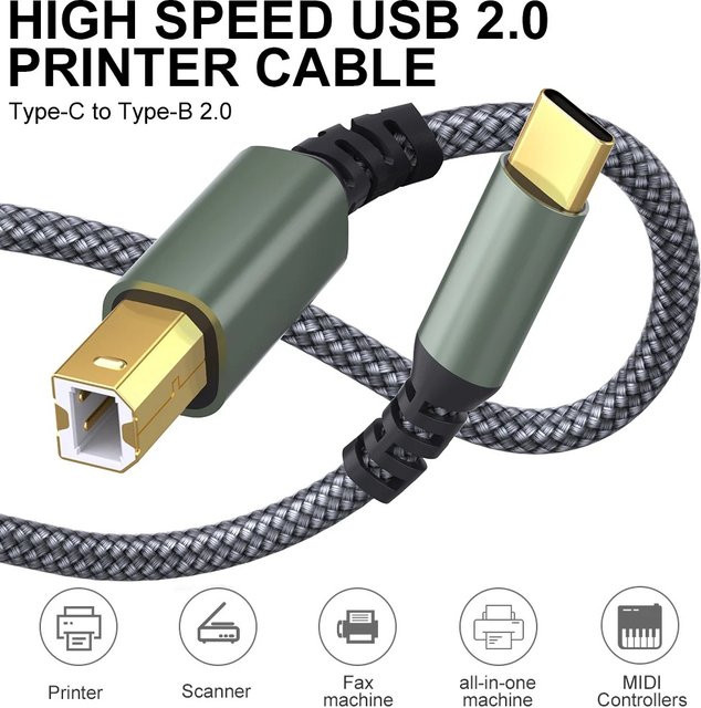 USB-C auf USB-B 2.0 Hochgeschwindigkeits-Druckerkabel aus grauem Nylon für Drucker, Scanner und MIDI-Controller - Bild 1