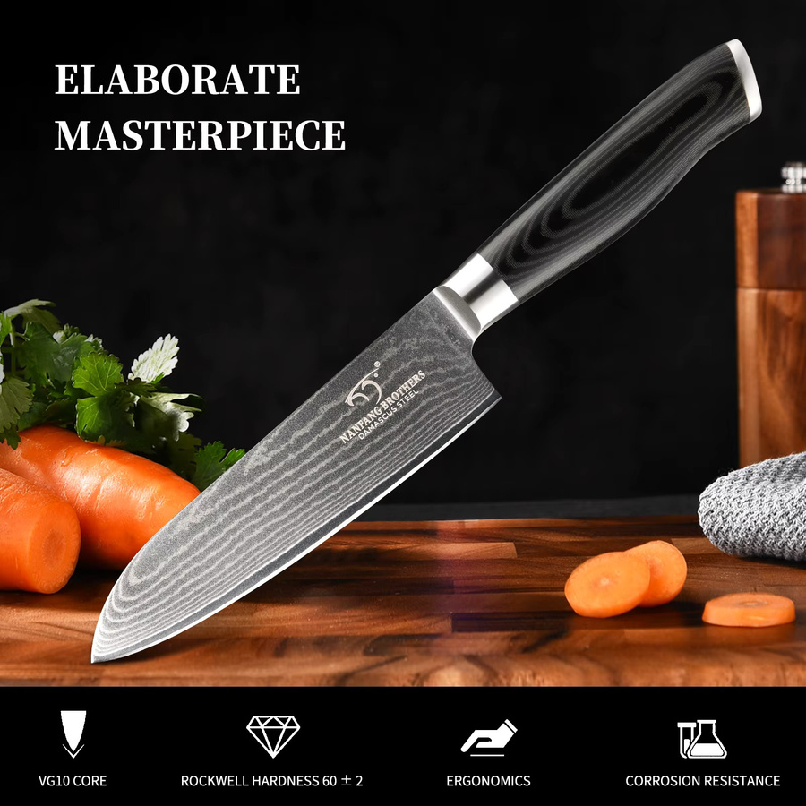 Katisun Santoku Messer aus Damast mit VG10 Klinge und Micarta Griff, 17,78 cm, Silber - Bild 3