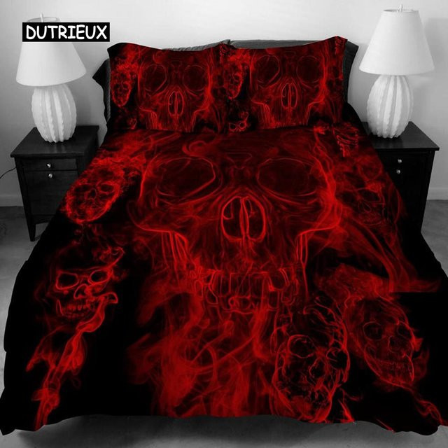 3-teiliges Bettwäscheset Binchi Outdoor Product mit Totenkopfmuster in Schwarz-Rot, King-Size, B/H: 245 x 210 cm - Bild 1