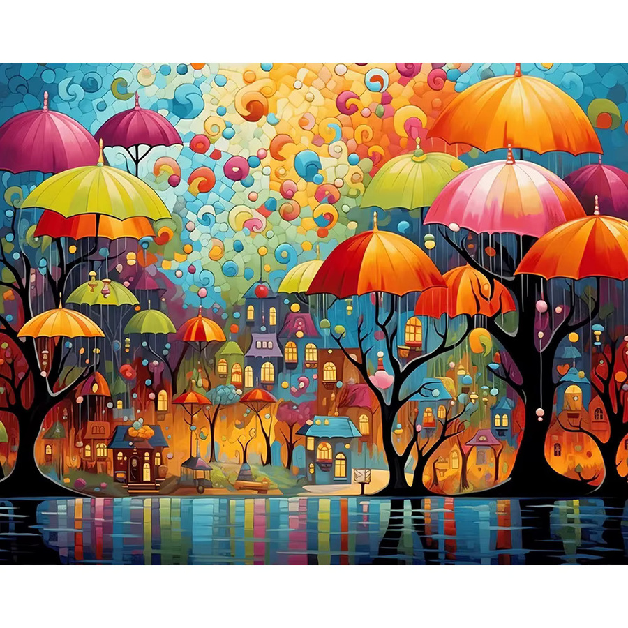 Malen nach Zahlen Set Fantasy-Landschaft mit Regenschirm und Baum in Multicolour als DIY Kunsthandwerk auf Leinwand - Bild 4