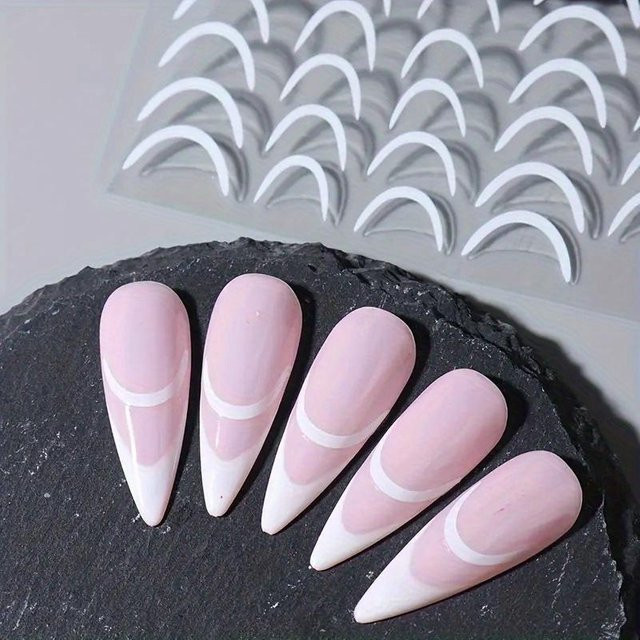 Ambiel Charm French Tips Nagelsticker, Silbrig Goldene Wirbelstreifen, Weiß, Glänzend, Damen - Bild 1