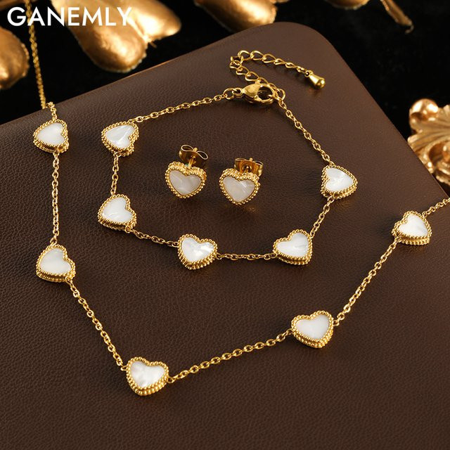 GANEMLY Schmuck-Set, Edelstahl, Weißes Herz, Damen - Bild 1