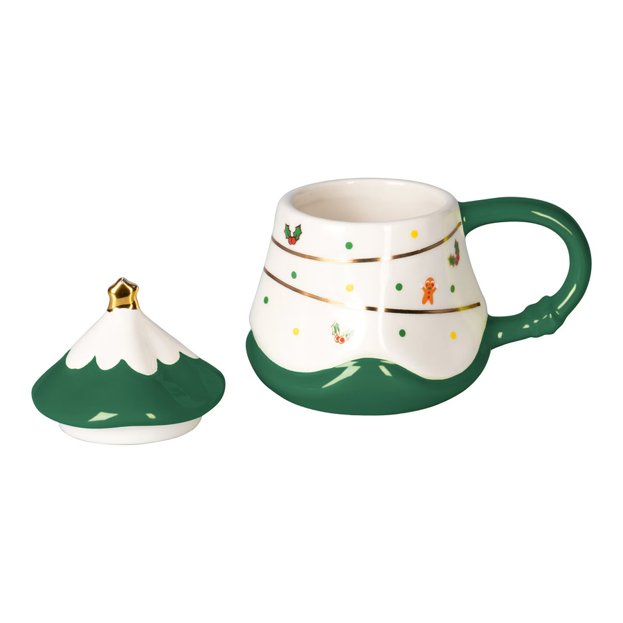 Weihnachtstasse Tannenbaum von Genialo aus Keramik in Grün-Weiß mit Deckel, 270 ml - Bild 2