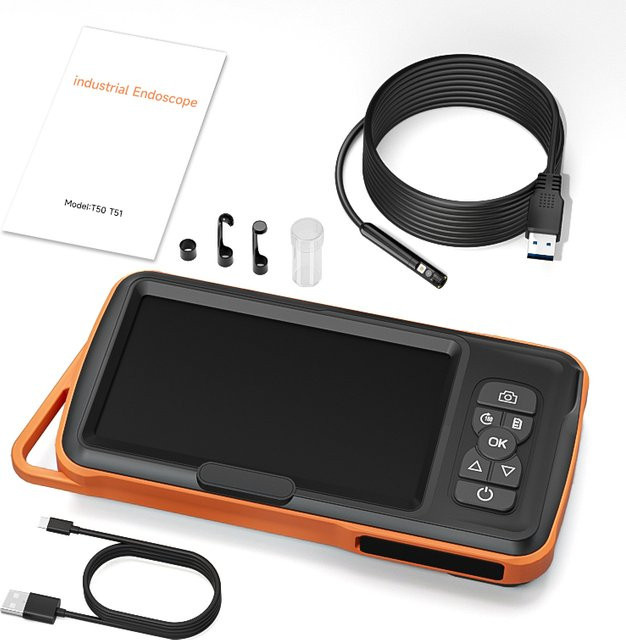 ZEMICAM Industrielle Handheld-Endoskopkamera mit 5-Zoll-IPS-Bildschirm, abnehmbarem Design und Dual-8-mm-1080P-HD-Inspektionskamera für Rohre, Orange - Bild 1