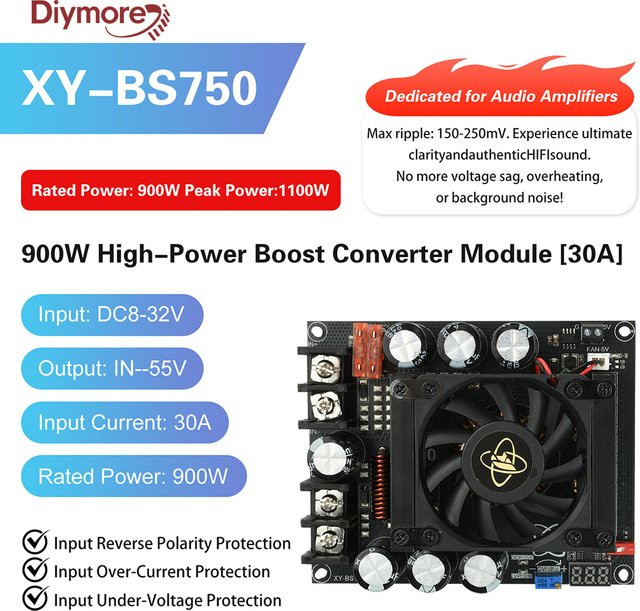 diymore Einstellbares Boost-Modul für Audio-Verstärker in Schwarz mit niedrigen Rippelwerten und voller Leistungsausgabe - Bild 1